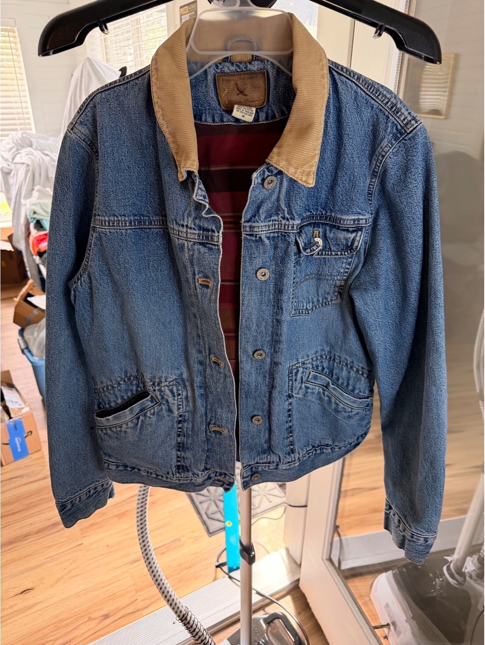 Eddie Bauer Blue Denim Jacket With Tan Corduroy Collar